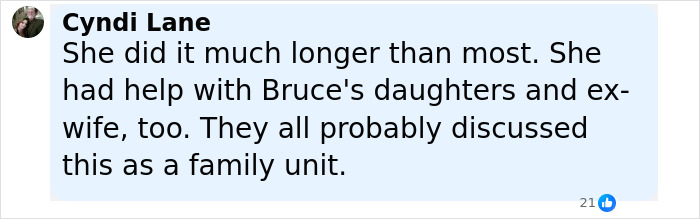 Comment from Cyndi Lane about Bruce Willis's family support during his dementia battle in an online discussion. Comment from Cyndi Lane about Bruce Willis's family support during his dementia battle in an online discussion.