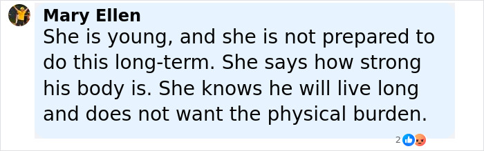 Facebook comment from Mary Ellen discussing Bruce Willis's dementia battle and living separately from his wife. Facebook comment from Mary Ellen discussing Bruce Willis's dementia battle and living separately from his wife.