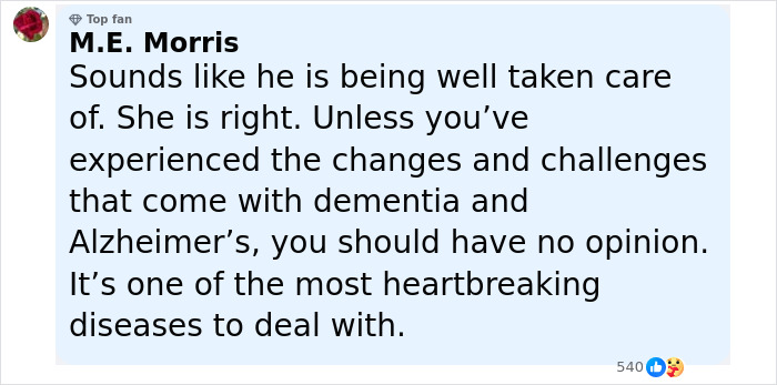 Comment discussing dementia and Alzheimer’s challenges during Bruce Willis's wife share on their separate living update. Comment discussing dementia and Alzheimer’s challenges during Bruce Willis's wife share on their separate living update.