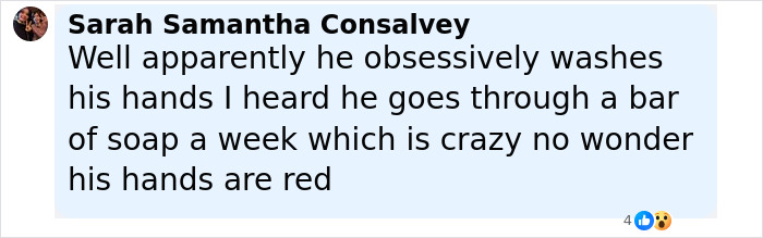 Comment discussing Bryan Kohberger’s red hands, mentioning obsessive hand washing and use of soap bar in jail footage. Comment discussing Bryan Kohberger’s red hands, mentioning obsessive hand washing and use of soap bar in jail footage.