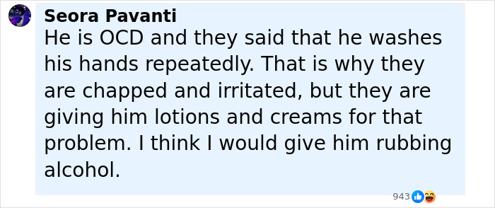 Comment discussing Bryan Kohberger’s red hands caused by frequent washing, mentioning lotions and creams for relief. Comment discussing Bryan Kohberger’s red hands caused by frequent washing, mentioning lotions and creams for relief.