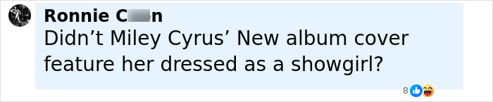 Social media comment questioning Miley Cyrus' new album cover featuring her dressed as a showgirl, sparking controversy. Social media comment questioning Miley Cyrus' new album cover featuring her dressed as a showgirl, sparking controversy.