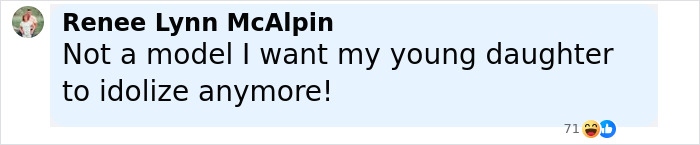 Facebook comment stating disapproval with Taylor Swift cover art, expressing concern about idolizing role models for young daughters. Facebook comment stating disapproval with Taylor Swift cover art, expressing concern about idolizing role models for young daughters.