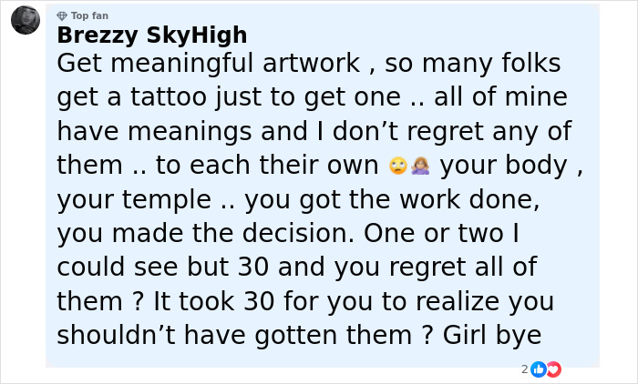 Comment about a mom with over 30 tattoos expressing regret about her permanent tattoo choices sparking debate. Comment about a mom with over 30 tattoos expressing regret about her permanent tattoo choices sparking debate.