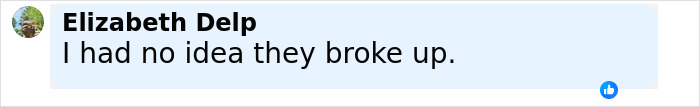 Screenshot of a Facebook comment by Elizabeth Delp expressing surprise about the breakup amid Isla Fisher tough couple of years discussion. Screenshot of a Facebook comment by Elizabeth Delp expressing surprise about the breakup amid Isla Fisher tough couple of years discussion.