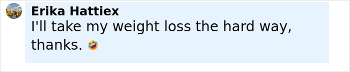 Social media post by Erika Hattie discussing weight loss with a laughing emoji related to Ozempic vulva side effects. Social media post by Erika Hattie discussing weight loss with a laughing emoji related to Ozempic vulva side effects.