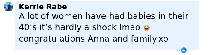 Comment from Kerrie Rabe congratulating Anna Kournikova on pregnancy announcement with Enrique Iglesias at 44 years old. Comment from Kerrie Rabe congratulating Anna Kournikova on pregnancy announcement with Enrique Iglesias at 44 years old.
