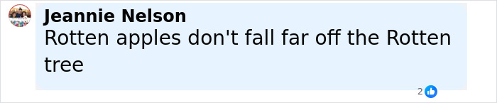 Comment on social media by Jeannie Nelson mentioning rotten apples as a metaphor related to behavior. Comment on social media by Jeannie Nelson mentioning rotten apples as a metaphor related to behavior.