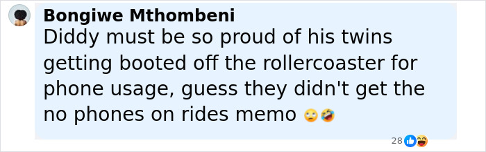 Comment about Sean 'Diddy' Combs' twin daughters being kicked off a rollercoaster for rude behavior and phone usage. Comment about Sean 'Diddy' Combs' twin daughters being kicked off a rollercoaster for rude behavior and phone usage.