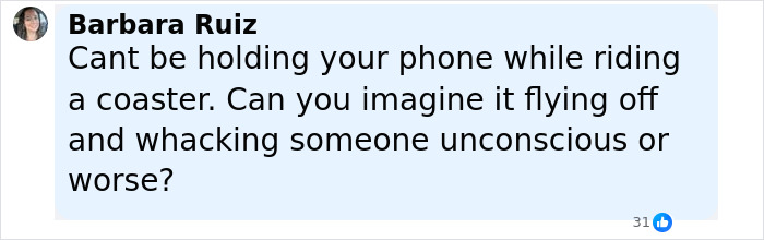Comment by Barbara Ruiz about phone safety on rollercoasters, related to Sean Diddy's twin daughters' rude behavior incident. Comment by Barbara Ruiz about phone safety on rollercoasters, related to Sean Diddy's twin daughters' rude behavior incident.