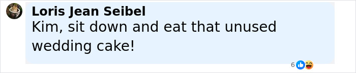 Comment on social media screen mentioning Kim and unused wedding cake referencing Andy Cohen’s viral anti-LGBTQ activist roast. Comment on social media screen mentioning Kim and unused wedding cake referencing Andy Cohen’s viral anti-LGBTQ activist roast.