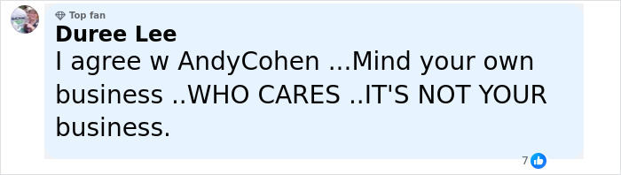 Comment from Top Fan Duree Lee supporting Andy Cohen in a text post about a controversial anti-LGBTQ activist debate. Comment from Top Fan Duree Lee supporting Andy Cohen in a text post about a controversial anti-LGBTQ activist debate.