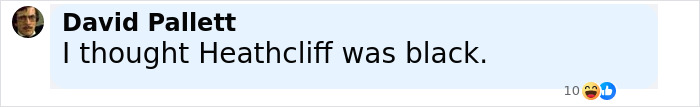 Comment by David Pallett stating he thought Heathcliff was black, related to controversial Wuthering Heights adaptation discussion. Comment by David Pallett stating he thought Heathcliff was black, related to controversial Wuthering Heights adaptation discussion.