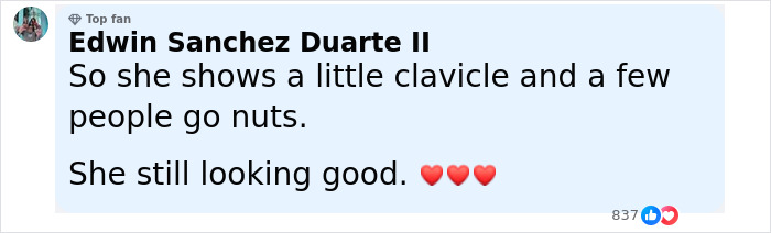 Fan comment on viral cleavage moment of Jamie Lee Curtis praising her appearance with heart emojis. Fan comment on viral cleavage moment of Jamie Lee Curtis praising her appearance with heart emojis.