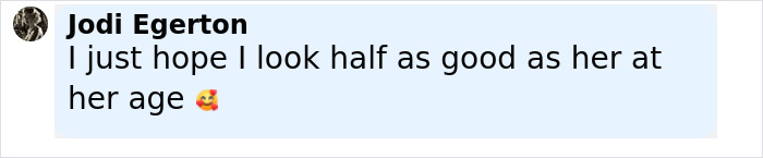 Fan comment praising Jamie Lee Curtis's viral cleavage moment with admiration and a smiling face emoji. Fan comment praising Jamie Lee Curtis's viral cleavage moment with admiration and a smiling face emoji.