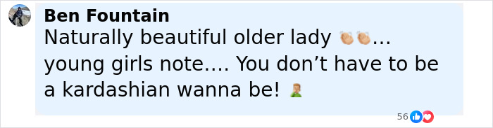 Comment from a fan praising Jamie Lee Curtis as a naturally beautiful older lady in response to viral cleavage memes. Comment from a fan praising Jamie Lee Curtis as a naturally beautiful older lady in response to viral cleavage memes.