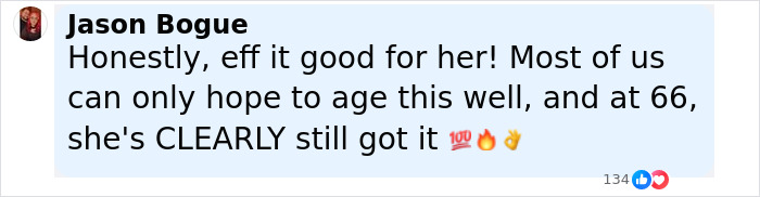 Screenshot of a fan comment praising Jamie Lee Curtis for her viral cleavage moment, highlighting admiration at age 66. Screenshot of a fan comment praising Jamie Lee Curtis for her viral cleavage moment, highlighting admiration at age 66.