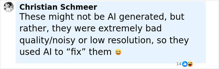 Comment by Christian Schmeer explaining AI was used to fix low-resolution images, related to Will Smith mocking crowd faking. Comment by Christian Schmeer explaining AI was used to fix low-resolution images, related to Will Smith mocking crowd faking.