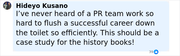 Comment by Hideyo Kusano criticizing a PR team for damaging a career amid Will Smith AI crowd faking controversy. Comment by Hideyo Kusano criticizing a PR team for damaging a career amid Will Smith AI crowd faking controversy.