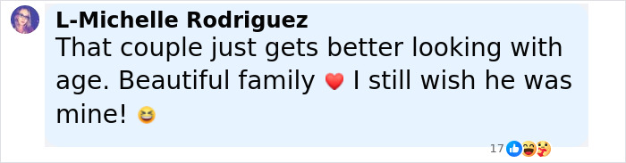 Comment by L-Michelle Rodriguez praising a beautiful family, expressing admiration and affection with emojis. Comment by L-Michelle Rodriguez praising a beautiful family, expressing admiration and affection with emojis.