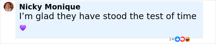Comment by Nicky Monique expressing happiness for enduring love, with a purple heart emoji and multiple reactions. Comment by Nicky Monique expressing happiness for enduring love, with a purple heart emoji and multiple reactions.
