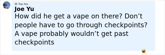Comment discussing how a man caught vaping on plane managed to bring a vape past airport checkpoints. Comment discussing how a man caught vaping on plane managed to bring a vape past airport checkpoints.