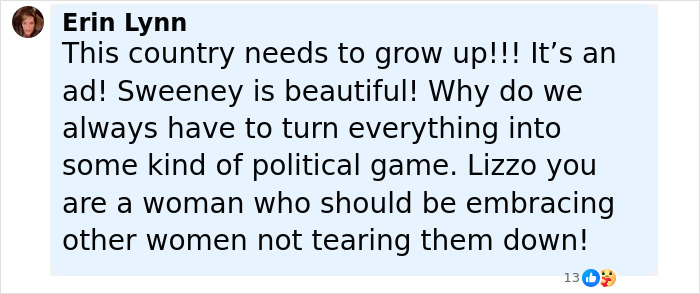 Screenshot of a social media comment defending Sydney Sweeney amid Lizzo parody and ad controversy online. Screenshot of a social media comment defending Sydney Sweeney amid Lizzo parody and ad controversy online.