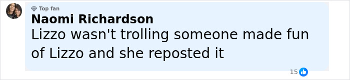 Comment from Naomi Richardson discussing Lizzo's response to Sydney Sweeney ad controversy by reposting a parody. Comment from Naomi Richardson discussing Lizzo's response to Sydney Sweeney ad controversy by reposting a parody.