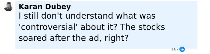 Comment by Karan Dubey questioning the controversy of Sydney Sweeney ad as stocks soared after the campaign. Comment by Karan Dubey questioning the controversy of Sydney Sweeney ad as stocks soared after the campaign.