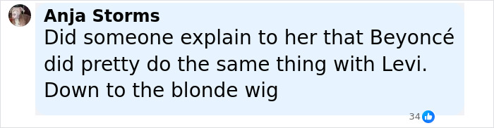 Comment by Anja Storms discussing Beyoncé's similar ad with Levi, referencing a blonde wig in the Lizzo and Sydney Sweeney parody controversy. Comment by Anja Storms discussing Beyoncé's similar ad with Levi, referencing a blonde wig in the Lizzo and Sydney Sweeney parody controversy.