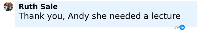 Facebook comment by Ruth Sale thanking Andy Cohen for a lecture during a viral roast of anti-LGBTQ activist Kim Davis. Facebook comment by Ruth Sale thanking Andy Cohen for a lecture during a viral roast of anti-LGBTQ activist Kim Davis.