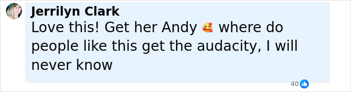 Comment from Jerrilyn Clark praising Andy Cohen for his brutal roast of anti-LGBTQ activist Kim Davis on social media. Comment from Jerrilyn Clark praising Andy Cohen for his brutal roast of anti-LGBTQ activist Kim Davis on social media.