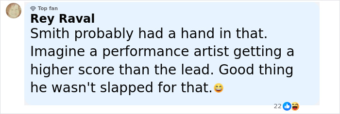 Comment from Rey Raval suggesting Will Smith influenced score rankings, referencing co-actor and publicity dispute claims. Comment from Rey Raval suggesting Will Smith influenced score rankings, referencing co-actor and publicity dispute claims.