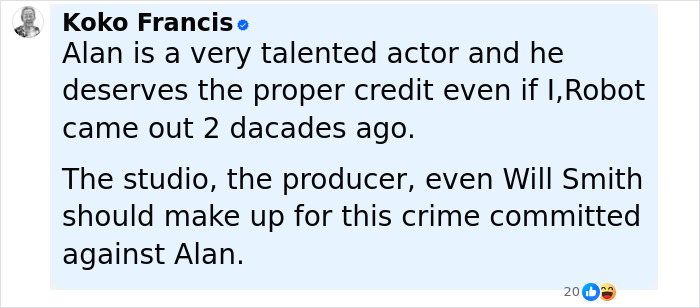 Comment by Koko Francis accusing studio of removing co-actor’s name from publicity, related to Will Smith’s project controversy. Comment by Koko Francis accusing studio of removing co-actor’s name from publicity, related to Will Smith’s project controversy.