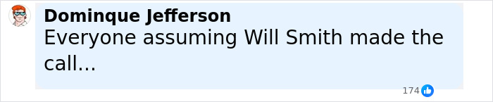 Comment from Domique Jefferson discussing Will Smith in a social media post about co-actor and studio publicity issues. Comment from Domique Jefferson discussing Will Smith in a social media post about co-actor and studio publicity issues.