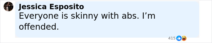 Text post by Jessica Esposito saying she is offended by skinny people with abs, related to Gap jeans ad response to American Eagle. Text post by Jessica Esposito saying she is offended by skinny people with abs, related to Gap jeans ad response to American Eagle.