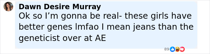 Comment on social media discussing Gap and American Eagle jeans in a casual conversation by Dawn Desire Murray. Comment on social media discussing Gap and American Eagle jeans in a casual conversation by Dawn Desire Murray.