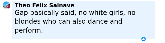 Comment from Theo Felix Salnaye about Gap jeans ad, mentioning no white girls or blondes in their campaign. Comment from Theo Felix Salnaye about Gap jeans ad, mentioning no white girls or blondes in their campaign.