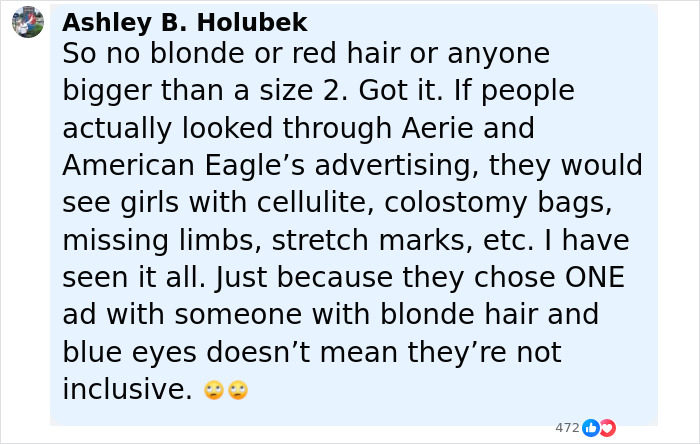 Comment from Ashley B. Holubek discussing inclusivity in American Eagle and Gap jeans advertising campaigns. Comment from Ashley B. Holubek discussing inclusivity in American Eagle and Gap jeans advertising campaigns.