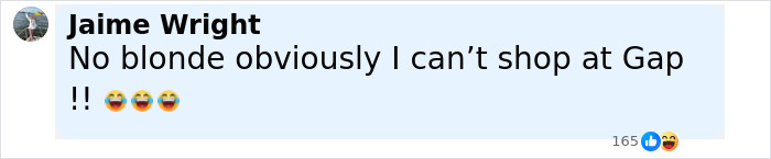 Social media comment reacting to Gap jeans ad referencing blonde representation in fashion marketing. Social media comment reacting to Gap jeans ad referencing blonde representation in fashion marketing.