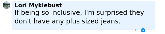 Comment on Gap jeans ad, highlighting surprise about lack of plus sized jeans despite inclusivity claims. Comment on Gap jeans ad, highlighting surprise about lack of plus sized jeans despite inclusivity claims.