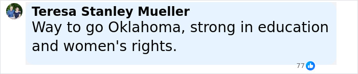 Comment praising Oklahoma for support of education and women's rights in response to stepdad and mom felony charges after 11-year-old gives birth. Comment praising Oklahoma for support of education and women's rights in response to stepdad and mom felony charges after 11-year-old gives birth.