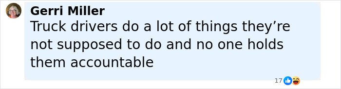 Comment from Gerri Miller criticizing truck drivers for unsafe actions and lack of accountability, related to illegal U-turn incident. Comment from Gerri Miller criticizing truck drivers for unsafe actions and lack of accountability, related to illegal U-turn incident.