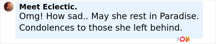 Comment expressing condolences for former Miss Universe contestant who died after an elk collision in a freak accident. Comment expressing condolences for former Miss Universe contestant who died after an elk collision in a freak accident.