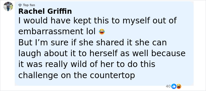 Comment from Rachel Griffin discussing embarrassment after attempting Nicki Minaj stiletto challenge leading to influencer spine fracture. Comment from Rachel Griffin discussing embarrassment after attempting Nicki Minaj stiletto challenge leading to influencer spine fracture.