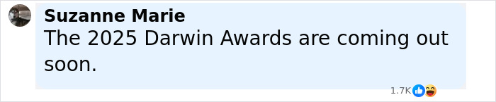 Screenshot of a social media post by Suzanne Marie mentioning the upcoming 2025 Darwin Awards. Screenshot of a social media post by Suzanne Marie mentioning the upcoming 2025 Darwin Awards.