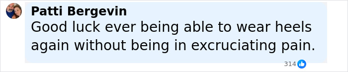 Comment by Patti Bergevin expressing sympathy about wearing heels after an influencer fractures her spine attempting a stiletto challenge. Comment by Patti Bergevin expressing sympathy about wearing heels after an influencer fractures her spine attempting a stiletto challenge.