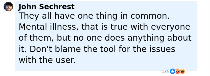 Screenshot of a social media comment discussing mental illness in relation to the Minneapolis massacre culprit. Screenshot of a social media comment discussing mental illness in relation to the Minneapolis massacre culprit.
