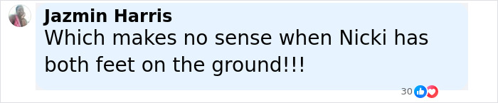 Comment by Jazmin Harris questioning the Nicki Minaj stiletto challenge and its relation to the influencer's spine fracture. Comment by Jazmin Harris questioning the Nicki Minaj stiletto challenge and its relation to the influencer's spine fracture.