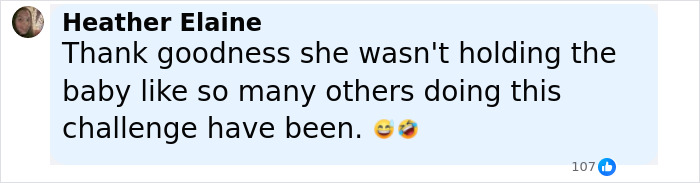 Comment from Heather Elaine expressing relief that the influencer attempting Nicki Minaj stiletto challenge was not holding a baby. Comment from Heather Elaine expressing relief that the influencer attempting Nicki Minaj stiletto challenge was not holding a baby.